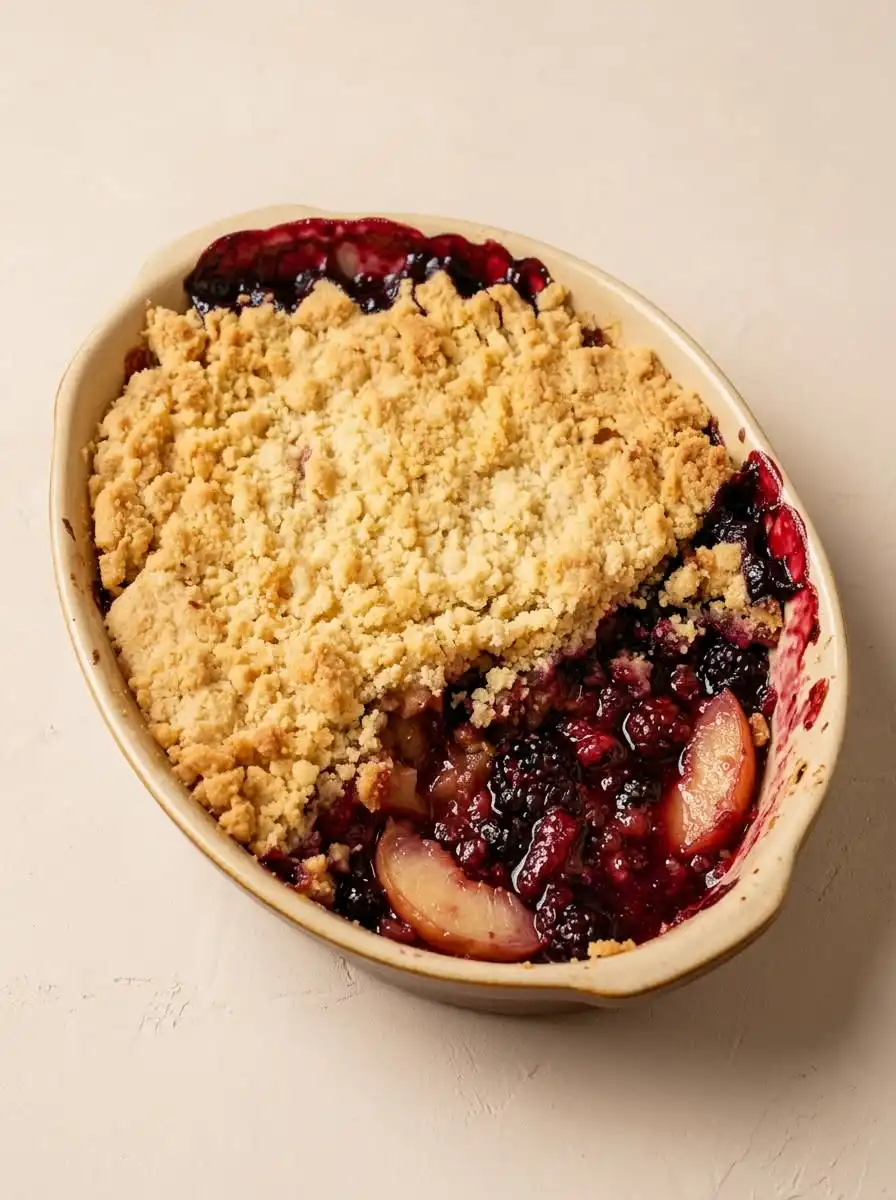 Blackberry Apple Dump Cake 12 Warm Blackberry Apple Dump Cake bubbly and golden brown fresh out of the oven in a glass dish.