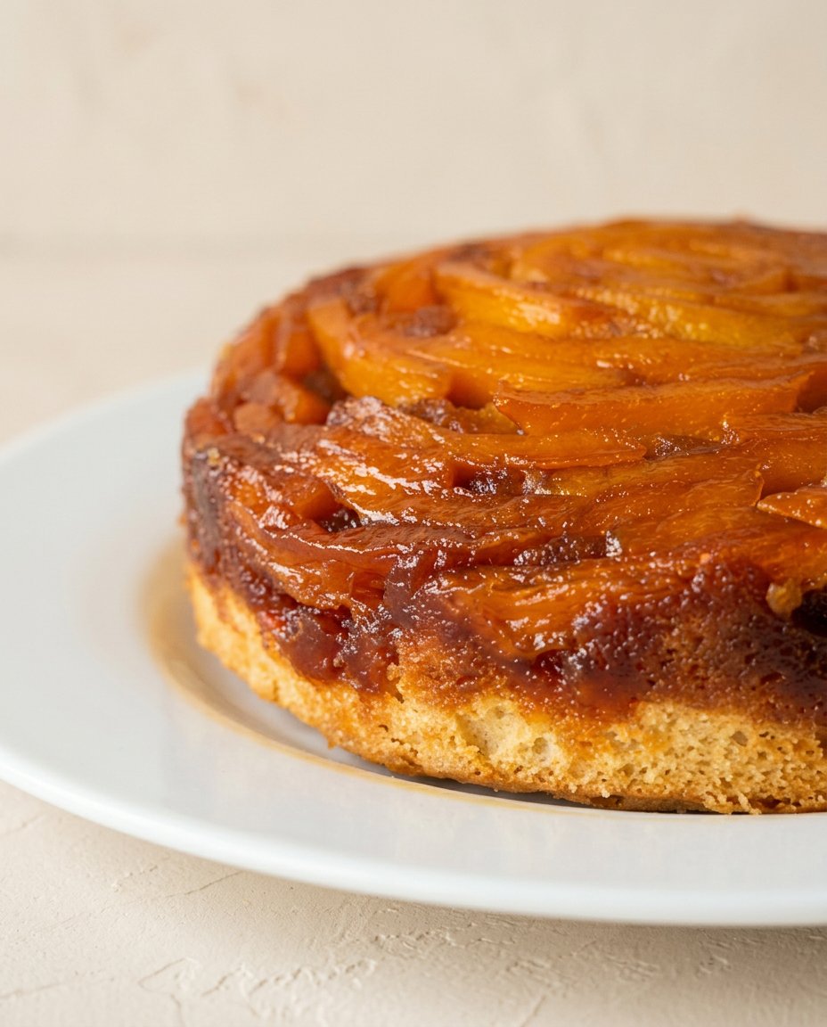 Mango Upside Down Cake 12 A golden Mango Upside Down Cake resting on a rustic wooden counter.