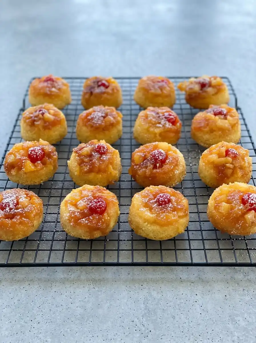Pineapple Upside Down Cupcakes 12 Freshly baked Pineapple Upside Down Cupcakes resting on a wire rack over wax paper
