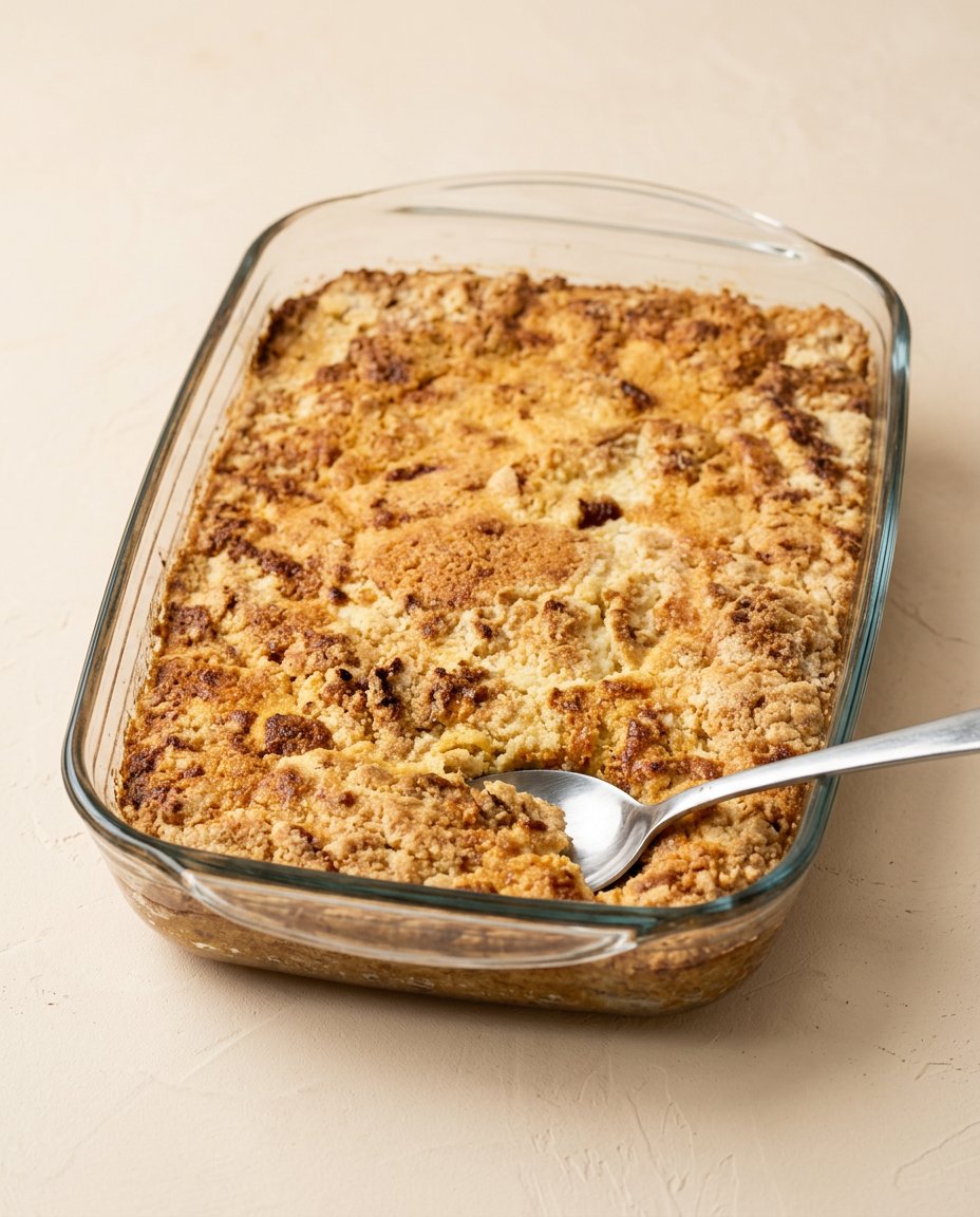 A close up photo of a slice of warm Pumpkin Dump Cake served on a white plate with whipped cream
