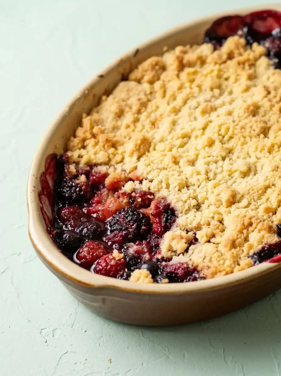 Blackberry Apple Dump Cake 16 A single warm slice of Blackberry Apple Dump Cake served with a scoop of melting vanilla ice cream.
