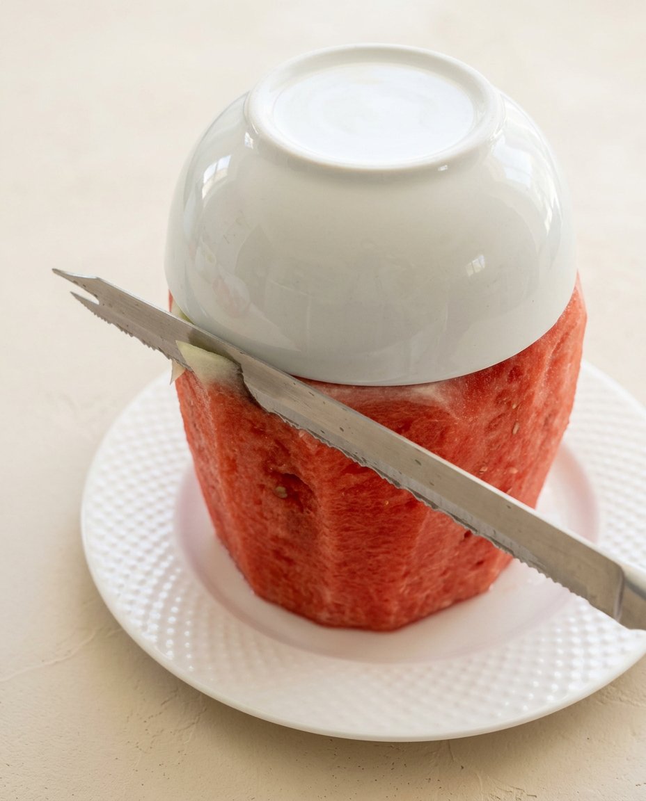 Fresh ingredients for making a Watermelon Cake with Whipped Coconut Frosting including a whole melon and coconut milk.