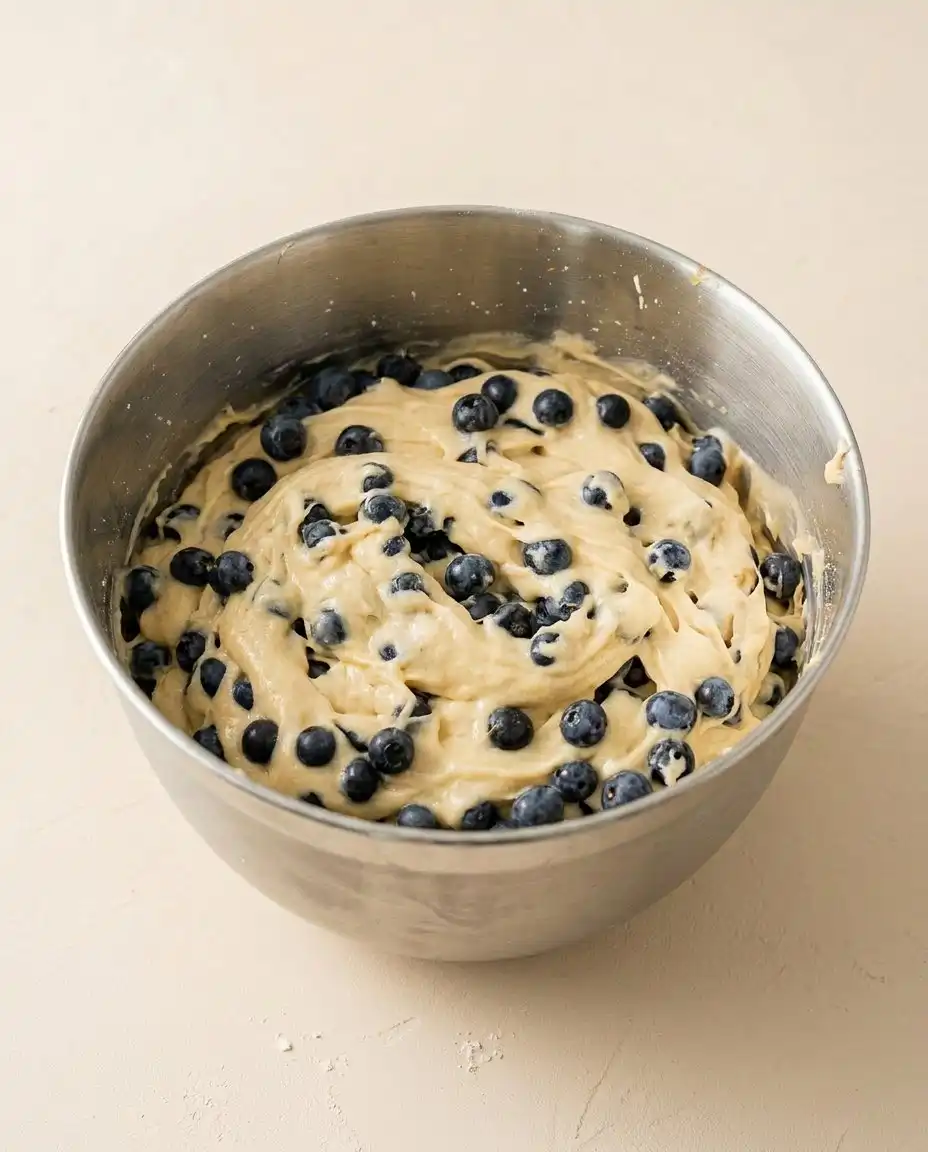 Thick pale yellow whipped egg and sugar batter for making blueberry lemon olive oil cake.
