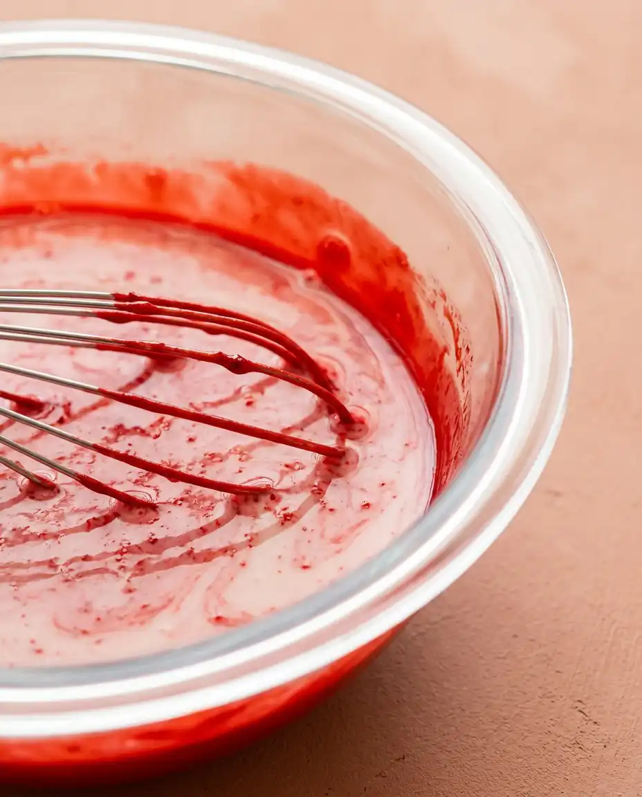 Fluffy cream cheese frosting being whipped in a bowl for a Red Velvet Layer Cake