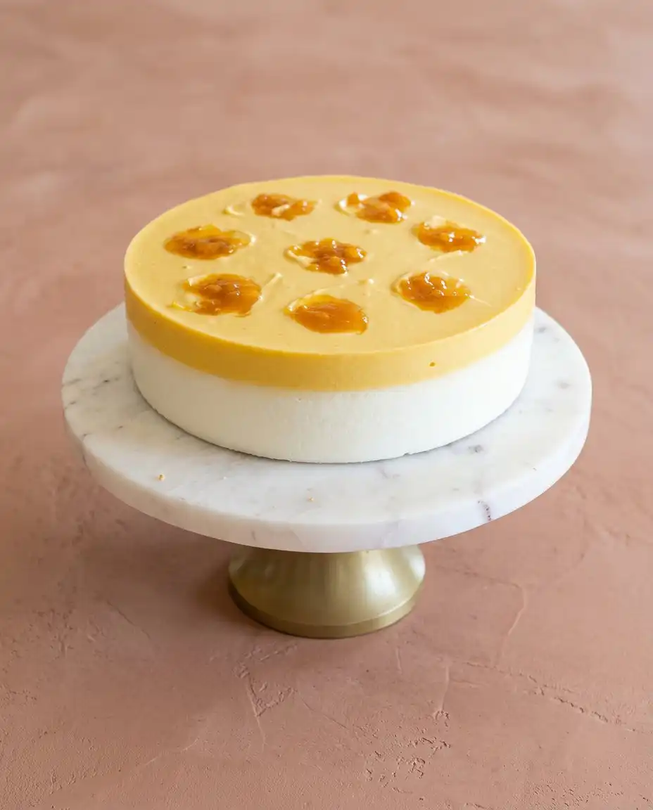 Classic Mango Mousse Cake 16 A whole Classic Mango Mousse Cake with a glossy orange glaze on a cake stand